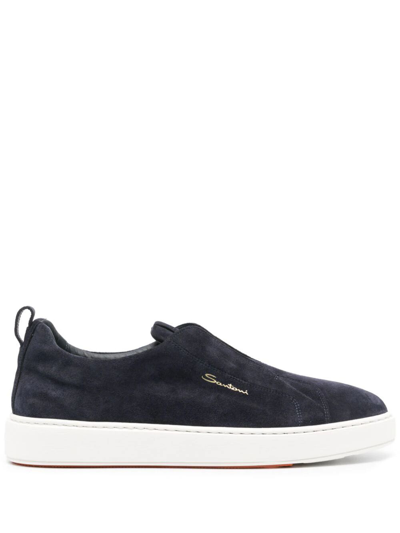 Santoni Suede Slip-on Clean Icon Sneakers In Blue