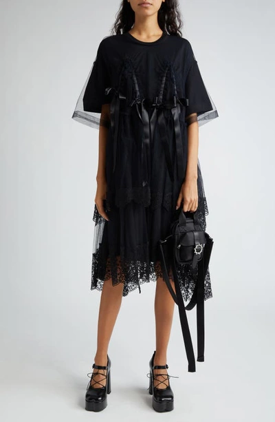 Simone Rocha 蝴蝶结细节蕾丝层搭上衣 In Black