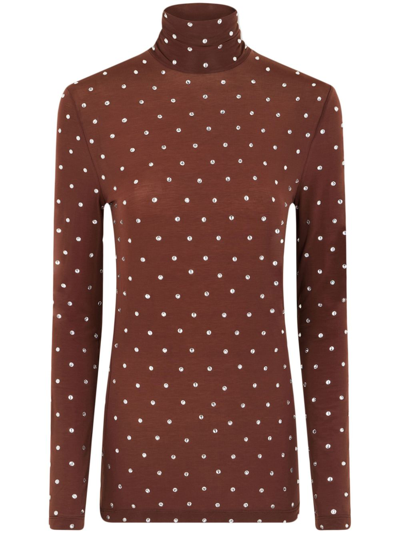 Rabanne Haut Crystal-embellished Stretch-jersey Turtleneck Top In Brown