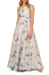 AIDAN MATTOX BY ADRIANNA PAPELL METALLIC FLORAL JACQUARD ONE-SHOULDER GOWN