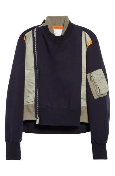 Sacai Sponge Sweat Mixed-media Zip Jacket In Navy L/ Khaki