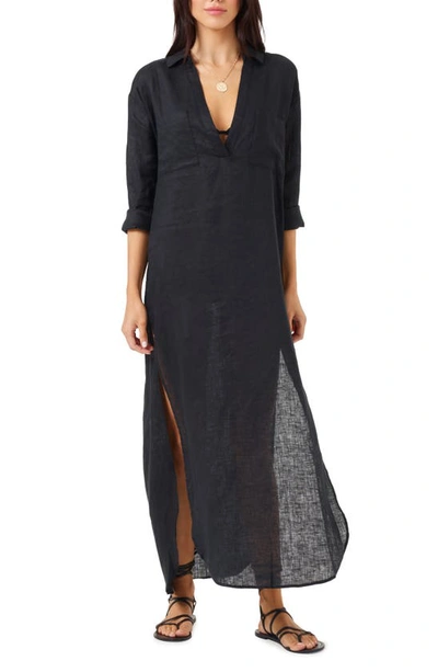 L*space Capistrano Long Sleeve Linen Cover-up Tunic Dress In Black