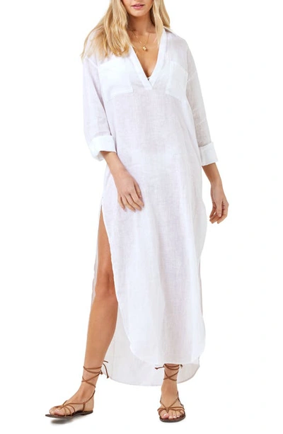L*space Capistrano Long Sleeve Linen Cover-up Tunic Dress In White