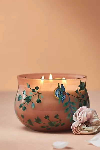 Anthropologie Saraban Floral Sol Tobac Hand-painted Glass Candle In Pink