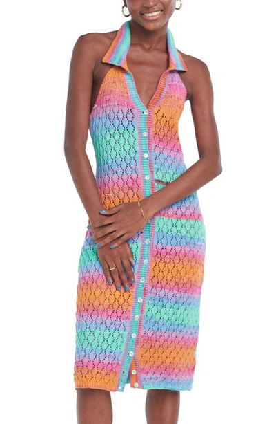 Capittana Cielo Multicolor Crochet Halter Cover-up Dress In Multicolor Blue