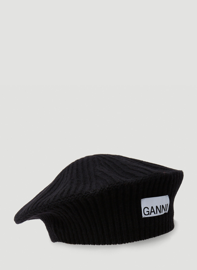 Ganni Ribbed Knit Beret Hat In Black