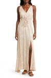 Elan Crinkle Gauze Cover-up Maxi Dress In Tan/ White Tropics