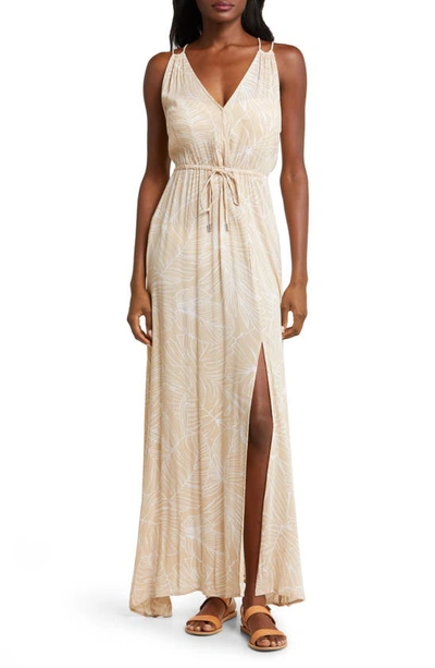 Elan Crinkle Gauze Cover-up Maxi Dress In Tan/ White Tropics