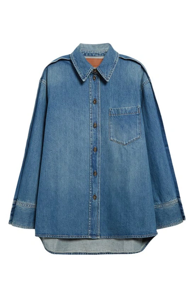 VICTORIA BECKHAM OVERSIZE PLEATED COTTON DENIM BUTTON-UP SHIRT