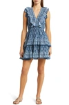 Alicia Bell Rainey Mixed Floral Ruffle Tiered Cotton & Silk Cover-up Dress In Indigo Print