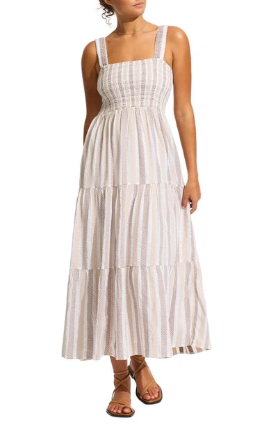 Seafolly Embroidered Stripe Midi Dress In Natural