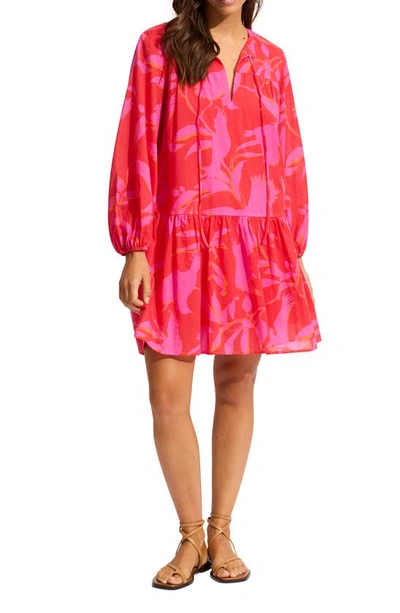 Seafolly Birds Of Paradise Tiered Long Sleeve Cotton Cover-up Dress In Chilli Red