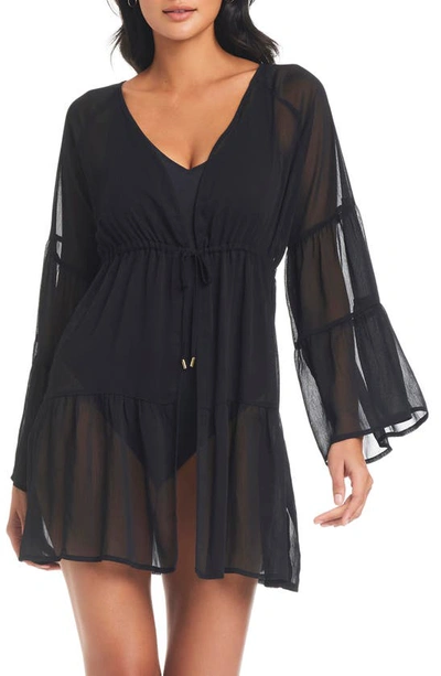 Bleu By Rod Beattie Gypset Long Sleeve Chiffon Cover-up Dress In Black