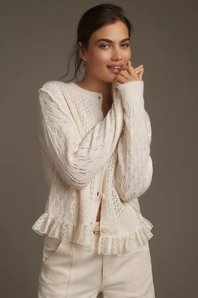 By Anthropologie Pointelle Ruffled Cardigan Sweater In White