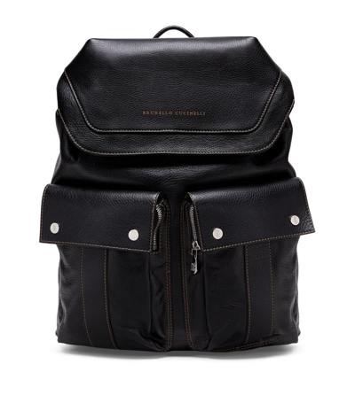 Brunello Cucinelli Logo-print Leather Backpack In Black