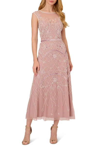 ADRIANNA PAPELL BEADED COCKTAIL MIDI DRESS