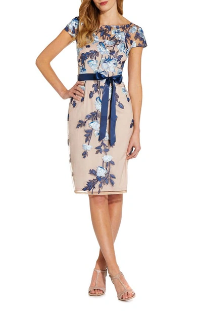 ADRIANNA PAPELL EMBROIDERED FLORAL TIE WAIST SHEATH DRESS