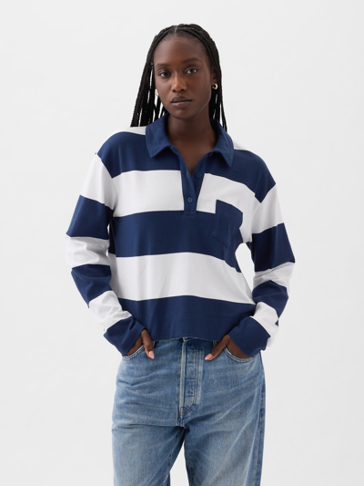 Gap Cropped Rugby Polo Shirt Shirt In White & Navy Blue Stripe