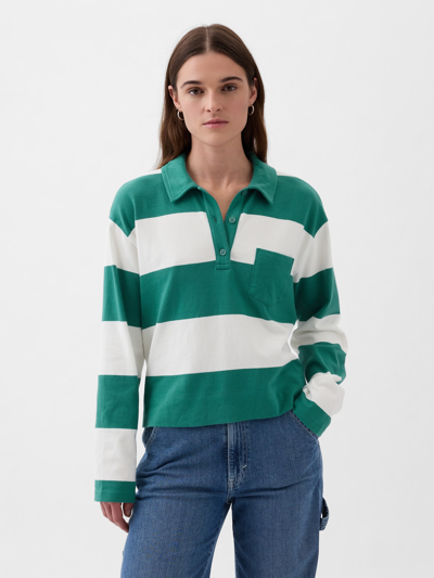Gap Cropped Rugby Polo Shirt Shirt In White & Green Stripe
