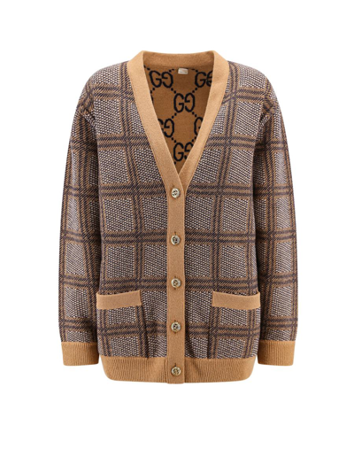 Gucci Reversible Checked Wool Cardigan In Beige