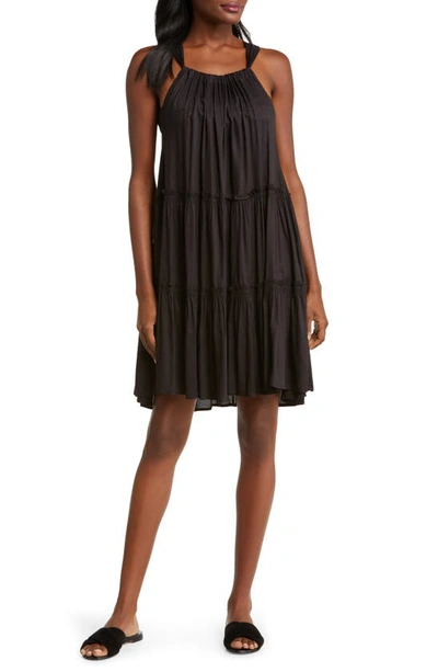 Elan Ruched Tiered Cover-up Swing Dress In Black