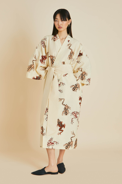 Olivia Von Halle Amaya Hyades Cream Frog Cotton-silk Robe In Multi