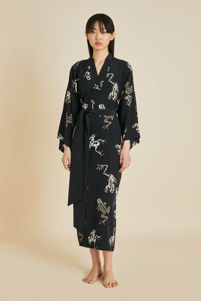 Olivia Von Halle Amaya Lazulite Black Frog Silk Crêpe De Chine Dressing Gown