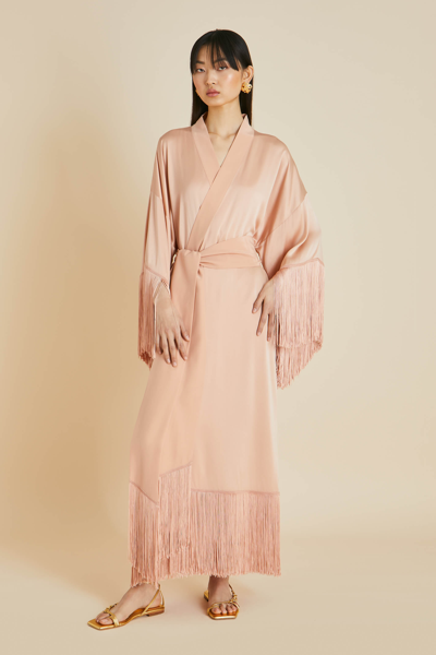 Olivia Von Halle Amina Shell Pink Fringed Silk Habotai Dressing Gown