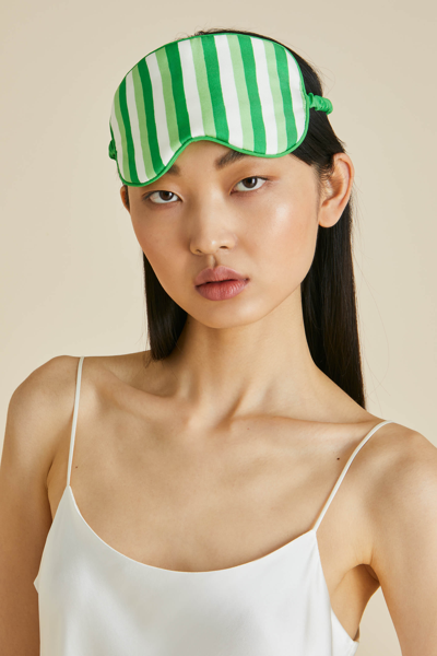 Olivia Von Halle Audrey Piscis Green Stripe Silk Twill Eye Mask In White