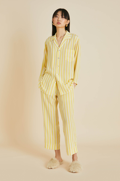 Olivia Von Halle Casablanca Polaris Yellow Stripe Pyjamas In Silk Crêpe De Chine