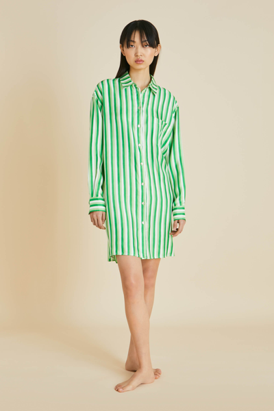 Olivia Von Halle Celeste Piscis Green Stripe Silk Twill Nightshirt