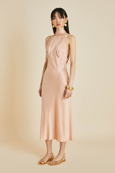 Olivia Von Halle Greta Shell Pink Silk Habotai Halter Neck Dress