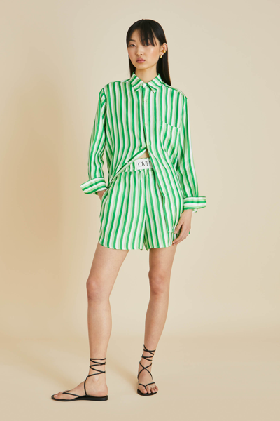 Olivia Von Halle Kick Piscis Green Stripe Silk Twill Pyjamas