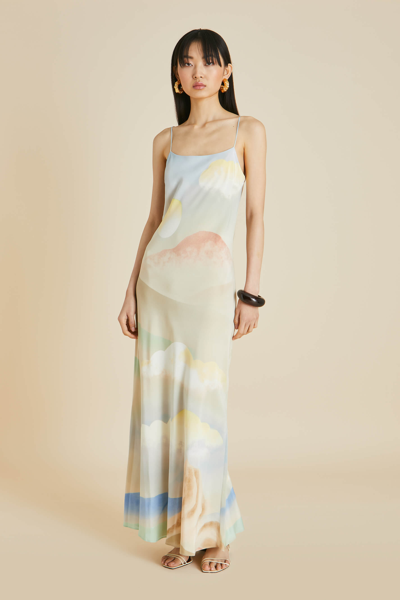 OLIVIA VON HALLE OLYMPIA ECLIPTIC BLUE LANDSCAPE SLIP DRESS IN SILK CRÊPE DE CHINE