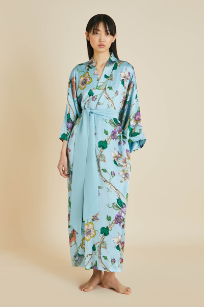 Olivia Von Halle Queenie Ceres Blue Floral Silk Satin Robe