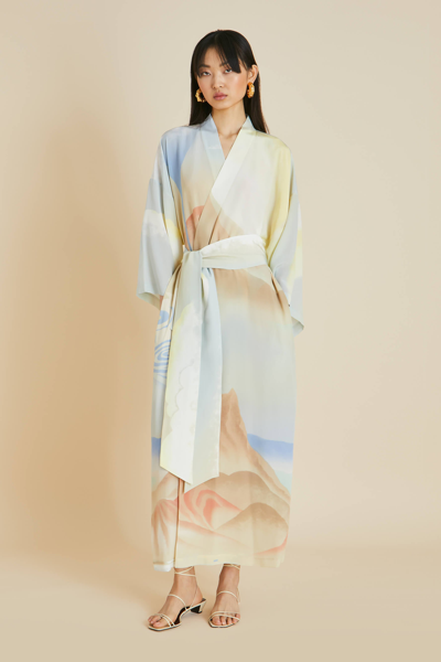 Olivia Von Halle Queenie Ecliptic Blue Landscape Silk Crêpe De Chine Robe