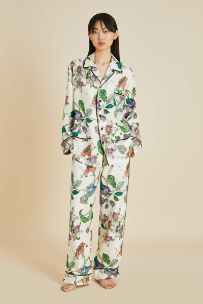 Olivia Von Halle Yves Aura Ivory Floral Silk Twill Pyjamas In Neutral