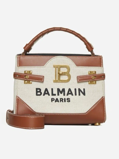 Balmain B-buzz 22 Canvas Top Handle Bag With Leather Insert In Natural,brown