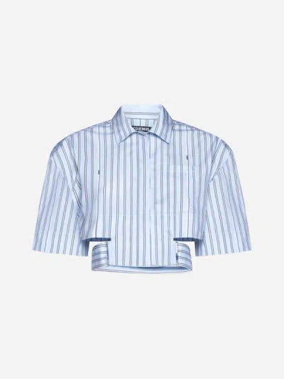 Jacquemus Bari Striped Cotton Short Shirt In Light Blue