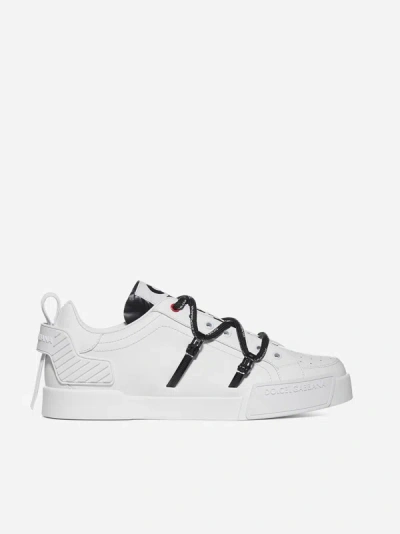 Dolce & Gabbana Portofino Calfskin And Patent Leather Sneakers In White,black