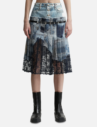 Andersson Bell All-denim Printed Pleats Skirt In Blue
