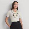 Lauren Petite Two-tone Ruffle-trim Polo Sweater In Mascarpone Cream/black