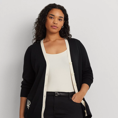 Lauren Woman Two-tone Cotton-blend Cardigan In Black/mascarpone Cream