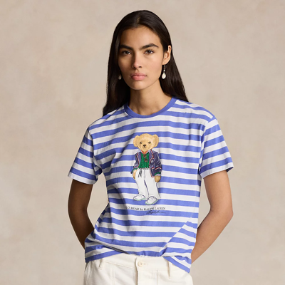 Ralph Lauren Polo Bear Striped Cotton Tee In Resort Blue/white Stripe