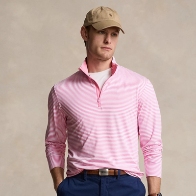 Ralph Lauren Striped Jersey Quarter-zip Pullover In Pink Flamingo/white