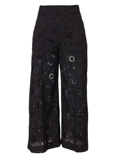 Carolina Herrera Floral Eyelet Embroidered Wide-leg Crop Pull-on Trousers In Black