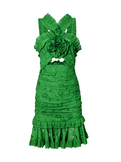 Carolina Herrera Flower-applique Cutout Ruffle Halter Broderie Anglaise Mini Dress In Grasshopper