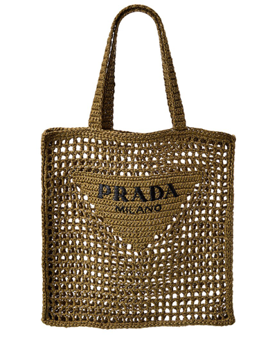 Prada Logo Woven Raffia Tote In Green