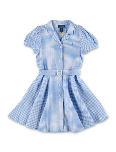Ralph Lauren Kids' Belted Gingham Linen Dress In L.blue