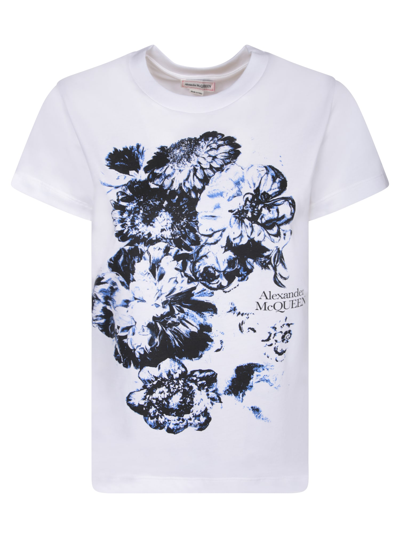Alexander Mcqueen Flowers Print White/black/blue T-shirt